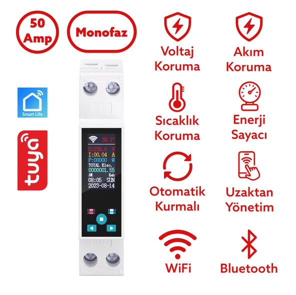 Tongou Ekranlı Akıllı Voltaj ve Akım Koruma Rölesi - Sıcaklık WiFi Özellikli Çift Kutuplu Monofaz ürün görseli 1