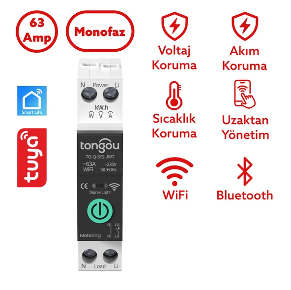 Tongou Akıllı Voltaj ve Akım Koruma Rölesi - Sıcaklık Korumalı -WiFi Özellikli Çift Kutuplu Monofaz ürün görseli 1
