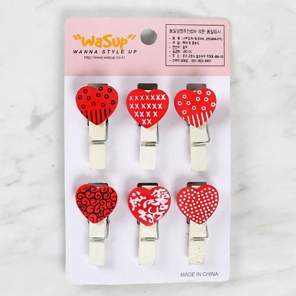 Loren Dekoratif Kırmızı Kalp Desenli Mandal 6'lı ürün görseli 1