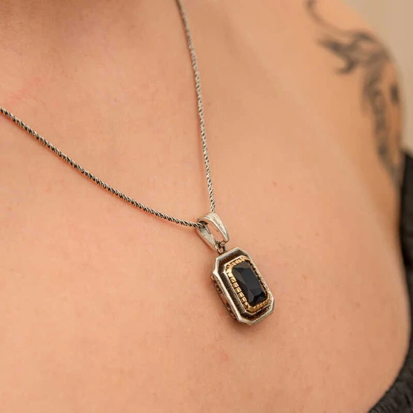 Gümüş Lacivert Taşlı Dikdörtgen Kadın Kolye SL12656 - Resim 8