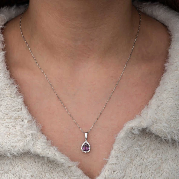 Gümüş Damla Mor Taşlı Kadın Kolye SL12653 - Resim 2
