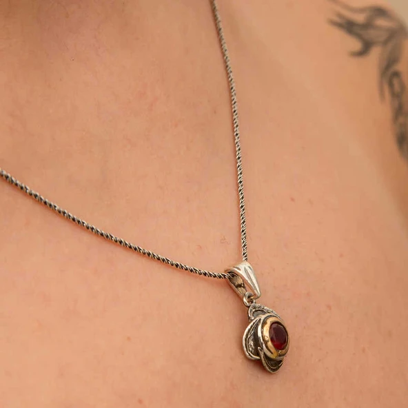 Gümüş Kırmızı Taşlı Gül Model Kadın Kolye SL12658 - Resim 9