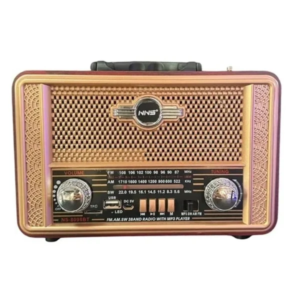 Retro, Nostaljik, Ahşap Tasarım Bluetooth Hoparlörlü, Şarjlı, Taşınabilir Otantik Tasarımlı FM/AM Destekli Radyo NS8098 (5250)