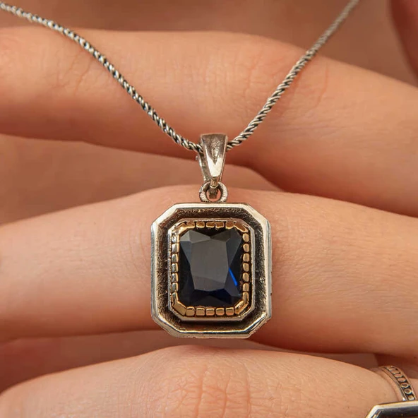 Gümüş Lacivert Taşlı Dikdörtgen Kadın Kolye SL12656 ürün görseli 1