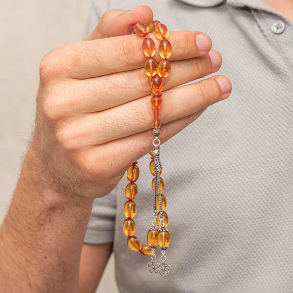 Gümüş Püsküllü Ateş Kehribar Tesbih SL12419 - Resim 4