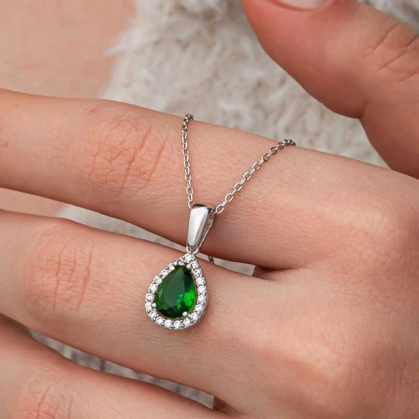 Gümüş Damla Zümrüt Taşlı Kadın Kolye SL12652 - Resim 6