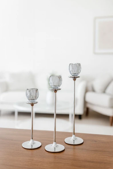 Gümüş Renkli 3'lü Kristal Cam Mumluk Seti & Gümüş Dekoratif Şamdan Takımı - Resim 3