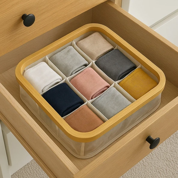 Doğal Bambu Çerçeveli 9 Bölmeli  Çorap Organizeri – Çekmece ve Dolap Düzenleyici Kutusu BR-6705 ürün görseli