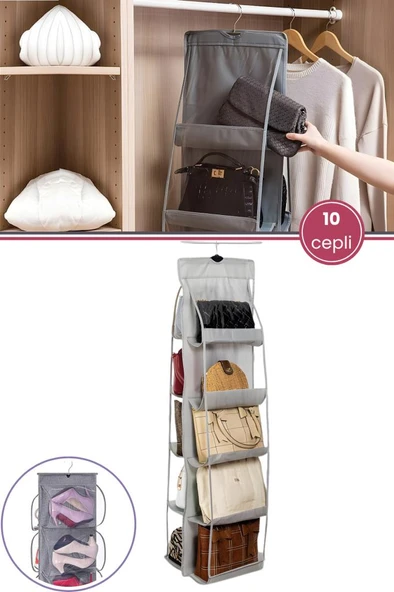 Çanta ve Ayakkabı Düzenleyici 10 Cepli, Dolap İçi Askılı Pencereli Çanta Cüzdan Ayakkabı Organizer