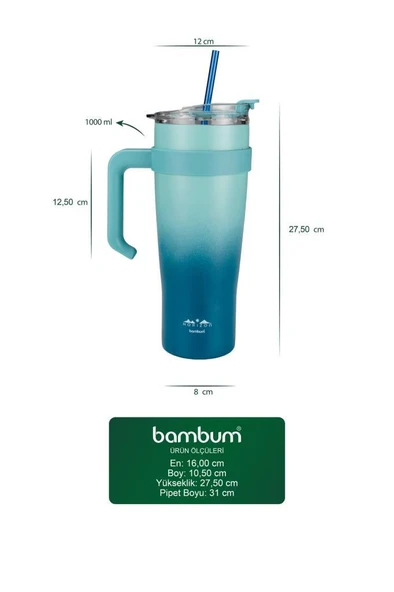 Bambum Horizon - Pipetli Termos Bardak Lacivert 1000ml - 5