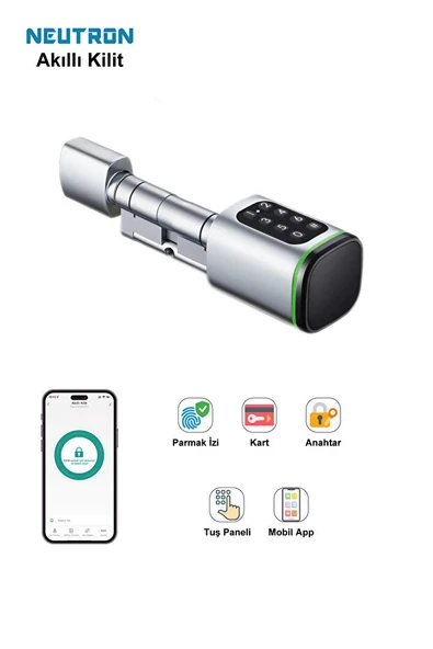 NEUTRON NTL-SC-02FKPW Parmak izi, Anahtarlı, Tuşlu, Kartlı ve Uzaktan Kontrollü Akıllı Kapı Kilidi Gri ürün görseli