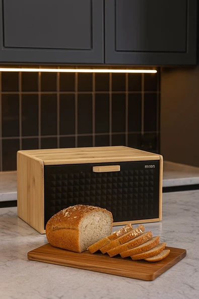 Lux Siyah Bambu Kapaklı Ekmek Kutusu & Ekmek Sepeti - Resim 2