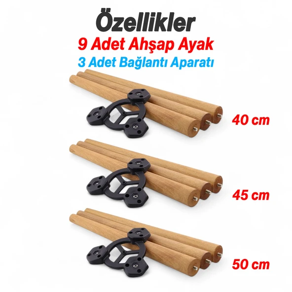 Boyalı Doğal Ahşap Sehpa Ayak Takımı 3'lü Set Silindir Mobilya Ayağı Aksesuar Ayakları Kahverengi - Resim 2