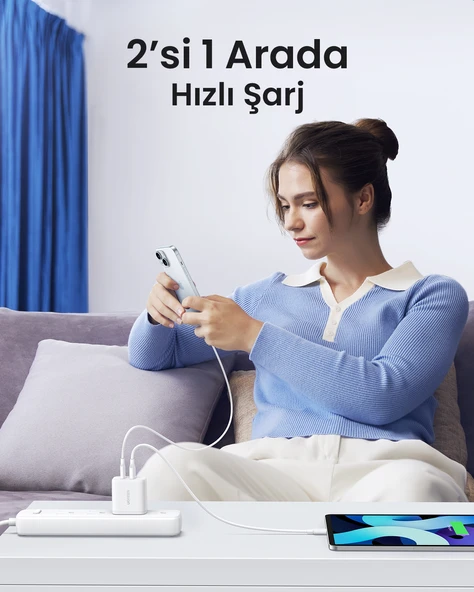 UGREEN 20W 2 Portlu Hızlı Şarj Cihazı, 1xUSB-A, 1xUSB-C, Beyaz, 45310 - Resim 4