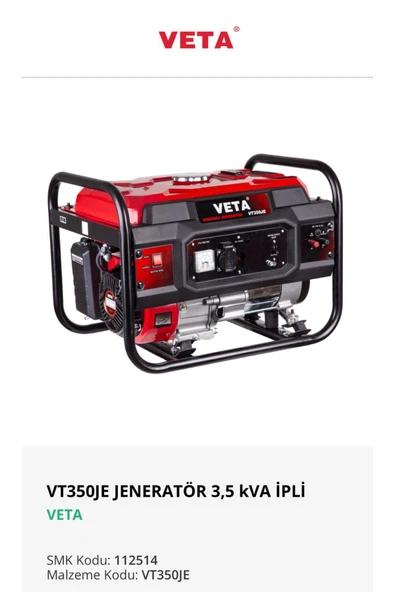 Veta VT350JE JENERATÖR 3,5 kVA İPLİ VETA