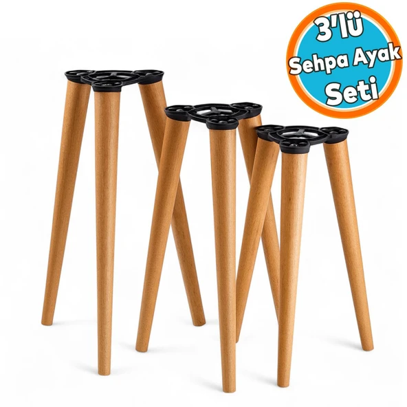 Boyalı Doğal Ahşap Sehpa Ayak Takımı 3'lü Set Silindir Mobilya Ayağı Aksesuar Ayakları Kahverengi ürün görseli