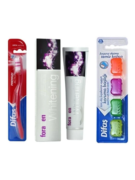 Difaş Premium Action Orta Diş Fırçası+Foramen Beyazlatıcı Diş Macunu 125 Gr+Difaş Diş Fırçası Kepi 4'Lü