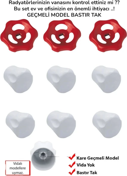 Ev Tipi Radyatör Musluk Kolu ve Kapak Seti – 3 Kırmızı Vana + 6 Beyaz Kapak – Yedek Takım ürün görseli