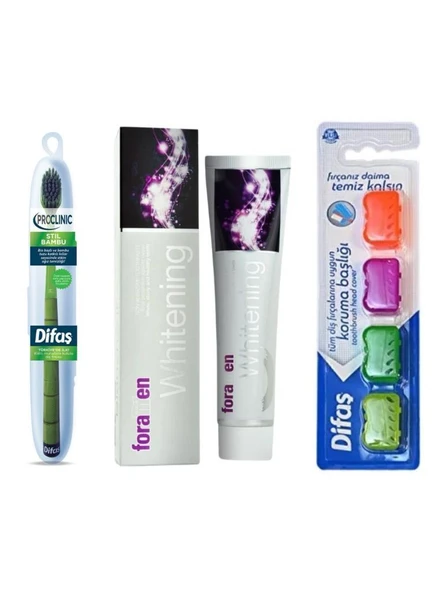 Difaş Pro Clinic Stıl Bambu Diş Fırçası+Foramen Beyazlatıcı Diş Macunu 125 Gr+Difaş Diş Fırçası Kepi 4'Lü