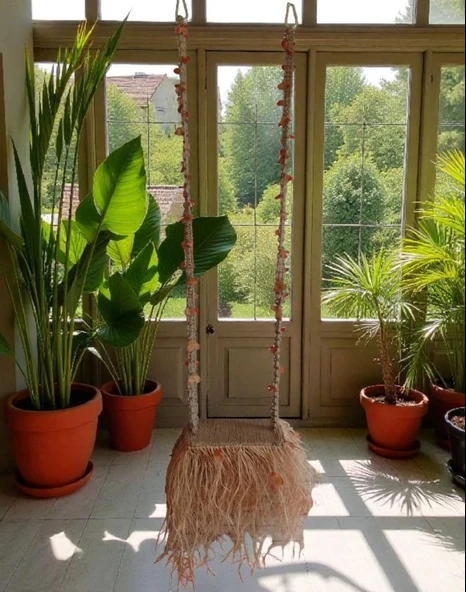 El Yapımı Boho Tarzı Doğal Jüt ve Rafya Salıncak / - 5