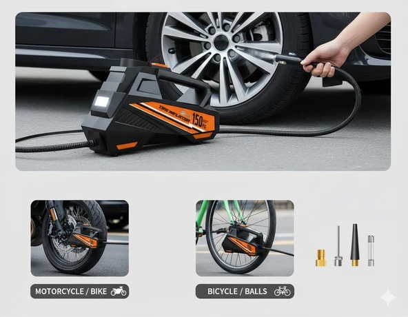 Premium Dijital hava kompresörü(Çakmaklık) 150 PSI Ayarlanabilir basınç ve Aydınlatma - 3