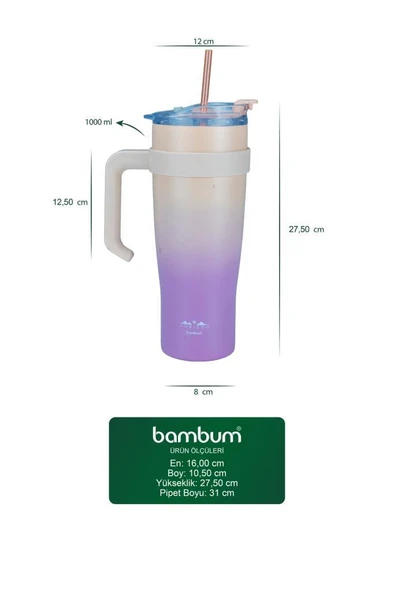 Bambum Horizon - Pipetli Termos Bardak Pembe 1000ml - 3