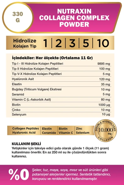 Nutraxin Collagen Complex Powder 330 gr - Tip 1,2,3,5,10 Kolajen, Hyalüronik Asit, Selenyum, Seramid - Resim 2