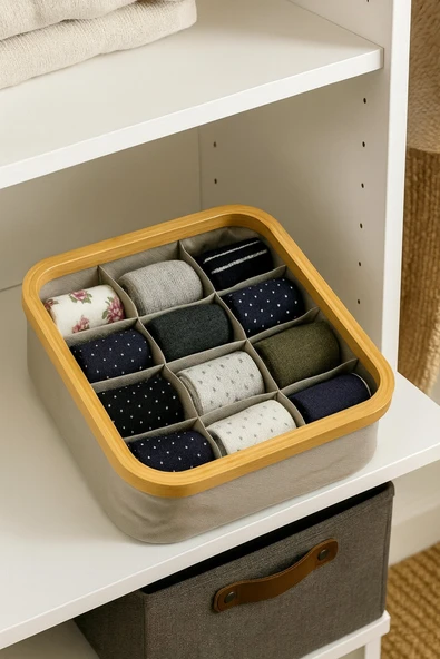 Doğal Bambu Çerçeveli 9 Bölmeli Çorap Organizeri – Çekmece ve Dolap Düzenleyici Kutusu BR-6704 ürün görseli