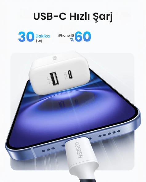 UGREEN 20W 2 Portlu Hızlı Şarj Cihazı, 1xUSB-A, 1xUSB-C, Beyaz, 45310 - Resim 5