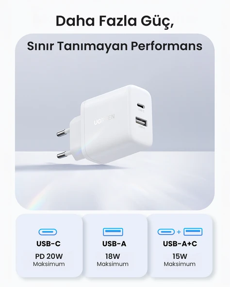 UGREEN 20W 2 Portlu Hızlı Şarj Cihazı, 1xUSB-A, 1xUSB-C, Beyaz, 45310 - Resim 6