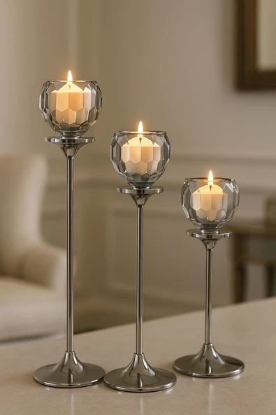 Gümüş Renkli 3'lü Kristal Cam Mumluk Seti & Gümüş Dekoratif Şamdan Takımı - Resim 2