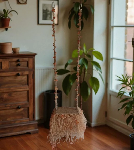 El Yapımı Boho Tarzı Doğal Jüt ve Rafya Salıncak /