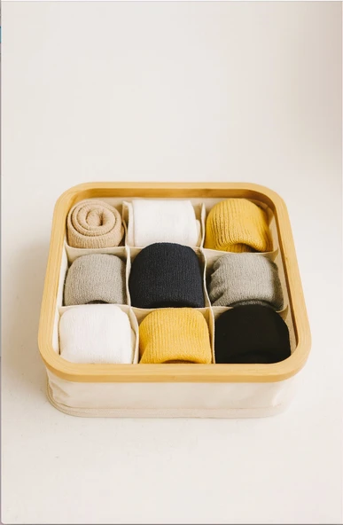 Doğal Bambu Çerçeveli 9 Bölmeli  Çorap Organizeri – Çekmece ve Dolap Düzenleyici Kutusu BR-6705 - Resim 2