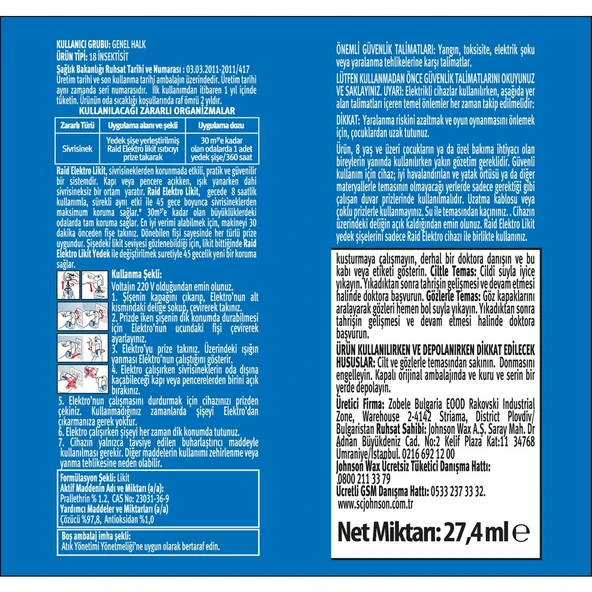 Raid Elektro Likit Yedek 27 ml 45 Gece Süreli Sivrisinek Kontrolü için Etkili Çözüm - Resim 3