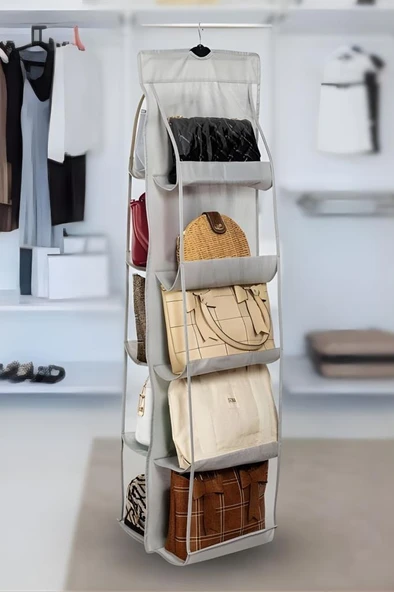 Çanta ve Ayakkabı Düzenleyici 10 Cepli, Dolap İçi Askılı Pencereli Çanta Cüzdan Ayakkabı Organizer - 5