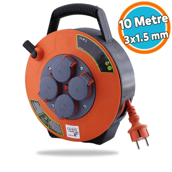 Plastik Kapaklı Mini Seyyar Makaralı 3x1.5 mm CCA Monofaze Uzatma Kablosu 4 Priz TTR Kablo 10 Metre ürün görseli