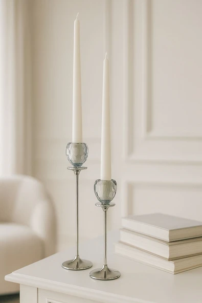 Gümüş Renkli 3'lü Kristal Cam Mumluk Seti & Gümüş Dekoratif Şamdan Takımı - Resim 4