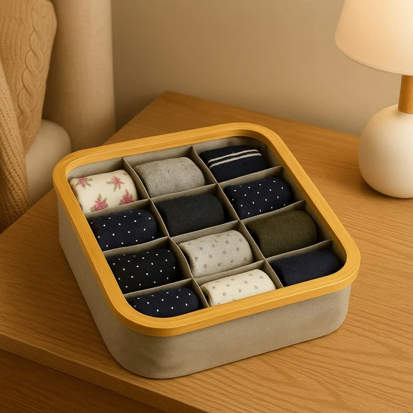 Doğal Bambu Çerçeveli 9 Bölmeli Çorap Organizeri – Çekmece ve Dolap Düzenleyici Kutusu BR-6704 - Resim 2