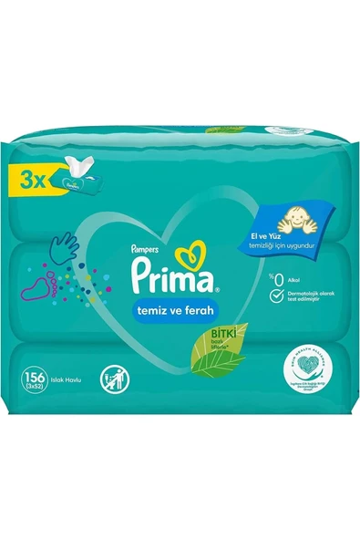 Prima Islak Havlu Mendil Temiz Ve Ferah (BİTKİ BAZLI) 52 Yaprak (3 LÜ PK) 156 Yaprak