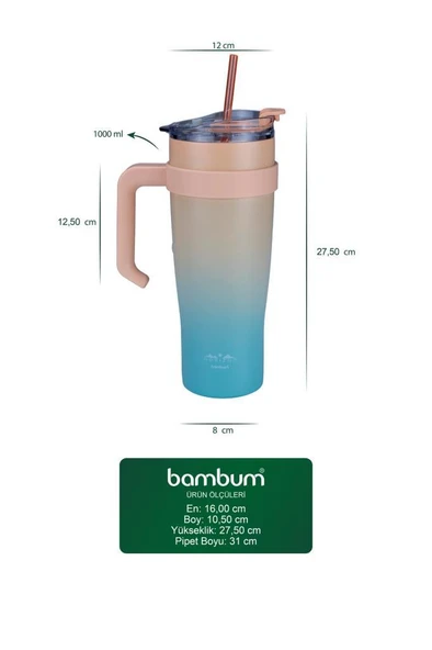 Bambum Horizon - Pipetli Termos Bardak Turkuaz 1000ml - 4