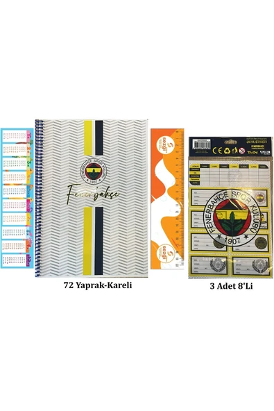Fenerbahçe Orjinal Lisanslı Okul Defteri ve Etiketi + Sezgistore Ayraç Cetvel-001 ürün görseli 1