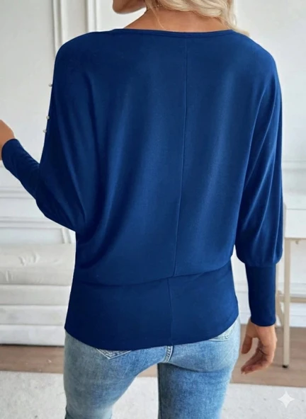 MDB Kadın Uzun Kollu Yuvarlak Yaka Incili Viskon Bluz - Resim 3