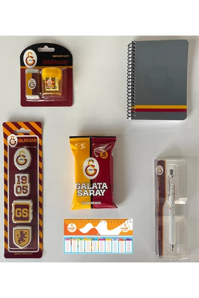 Galatasaray Lisanslı Metal Clip Versatil Kalem 0.7mm+Şekilli Silgi Seti+Bloknot+Kırtasiye Seti 2'Li+Islak Mendil
