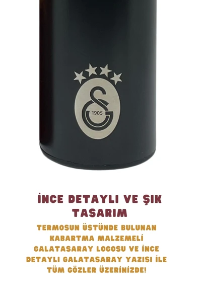 Galatasaray 500ml Lisanslı Çift Katlı Paslanmaz Çelik Termos 8 Saat Sıcak Soğuk Hediye Kutulu Siyah - 2