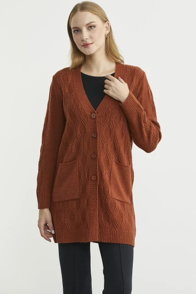 Cepli Uzun Yünlü Triko Hırka - Kiremit - Resim 4