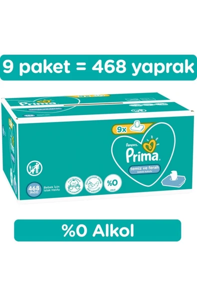Prima Pampers Temiz Ve Ferah Islak Havlu 52'li X9 Adet (468 Yaprak)