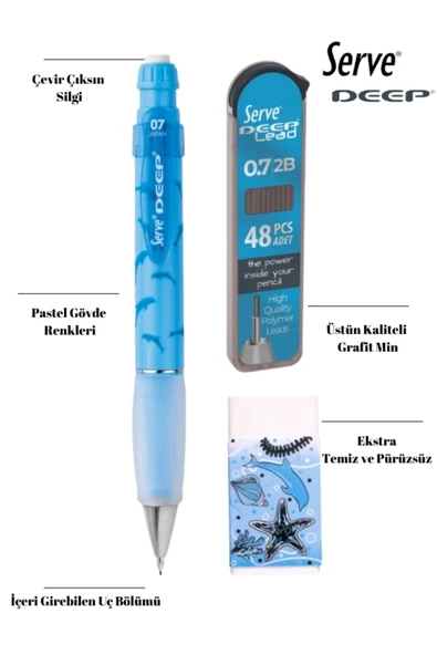 Serve Deep Doğa Serisi Okul Seti 0.7 Mekanik Uçlu Kalem + 48 Adet Yedek Uç + Silgi - Resim 3