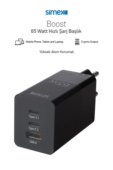 Simex Universal GAN Şarj PD/QC 3.0 65W Şarj Cihazı Çift Type-C ve Tek USB Çıkışlı SPS-06 Boost - 7