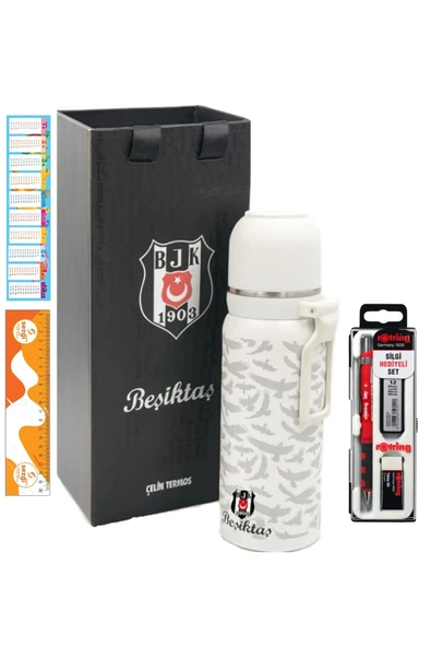 Beşiktaş Lisanslı 650ML YENİ SEZON Çelik Termos Bardaklı Kutulu ve Tikky Versatil Kırmızı Uçlu Kalem 3'Lü