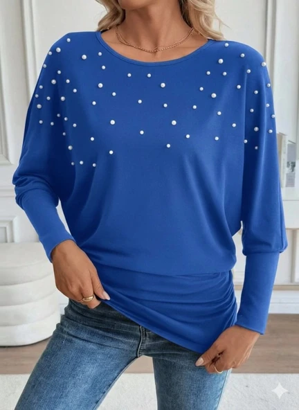 MDB Kadın Uzun Kollu Yuvarlak Yaka Incili Viskon Bluz - Resim 2